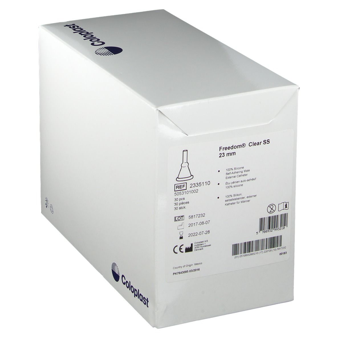 Emballage blanc avec logo Coloplast et informations produit. Contient le nom du produit, la taille et d'autres détails.