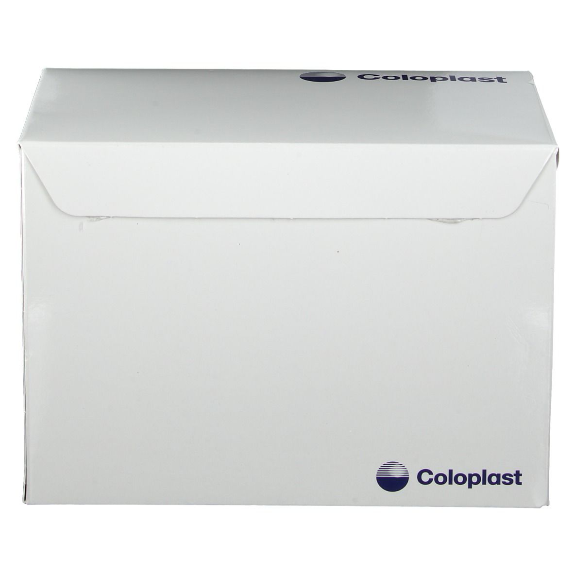 Emballage blanc avec logo Coloplast. L'emballage a un rabat et un design arrondi.