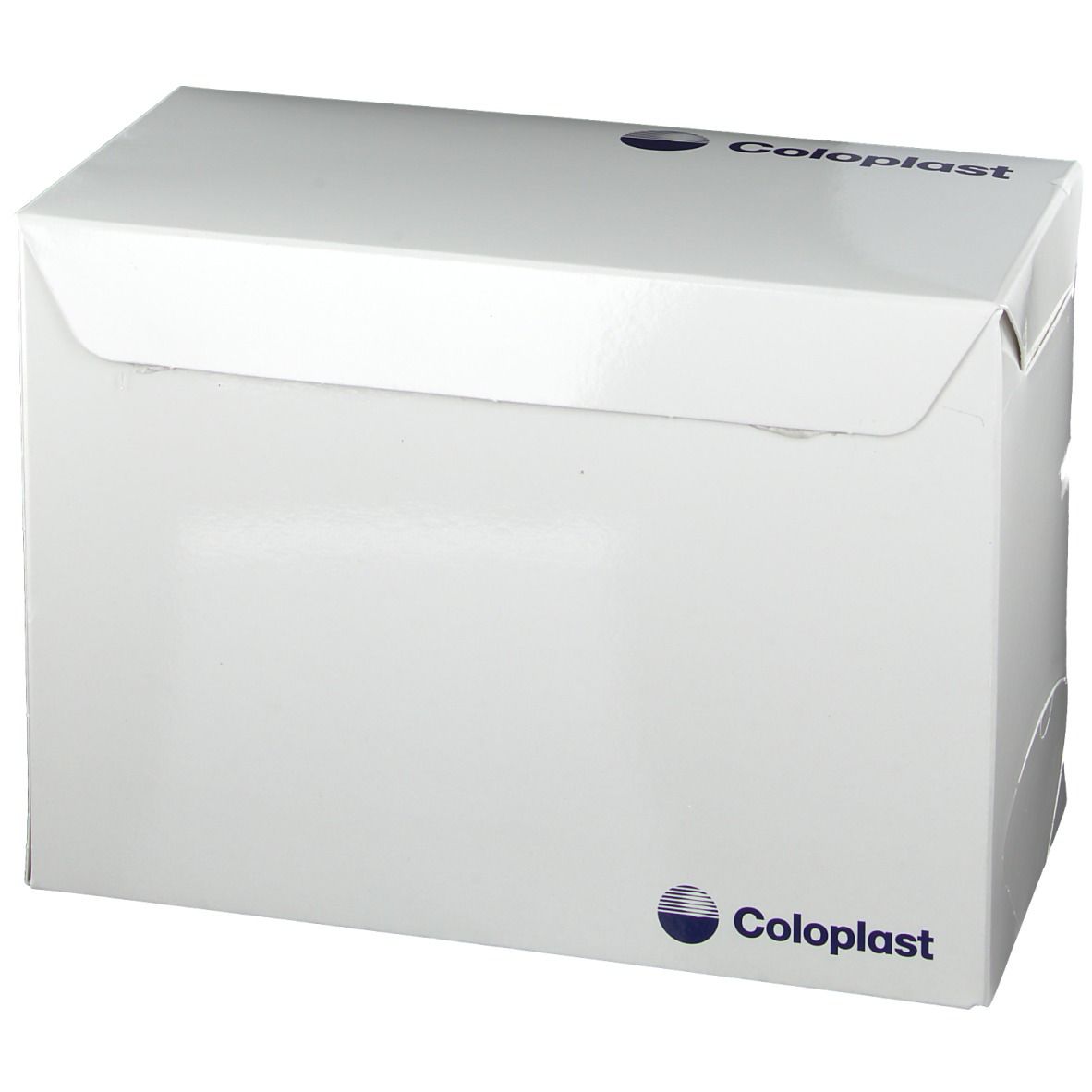 Emballage blanc avec logo Coloplast. L'emballage a un rabat et un design arrondi.