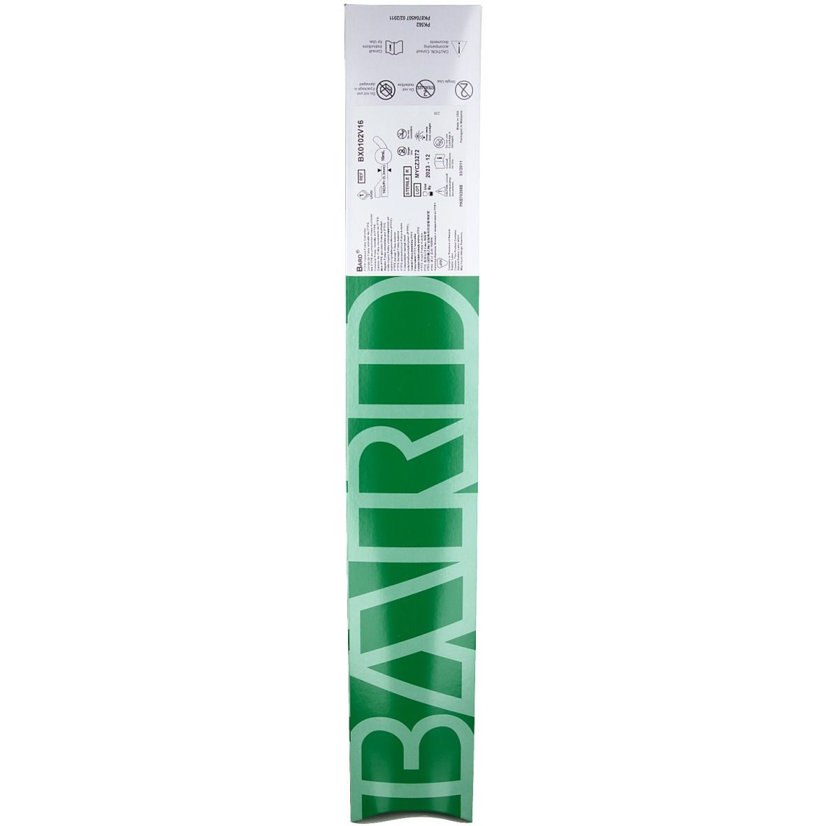 Emballage avec lettrage vert 'BARD'. Partie supérieure blanche avec texte et symboles. Marquage CE.