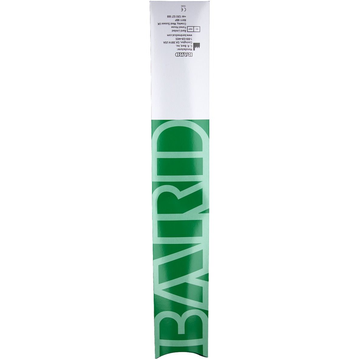 Emballage avec lettrage vert 'BARD'. Partie supérieure blanche avec texte et symboles. Marquage CE.