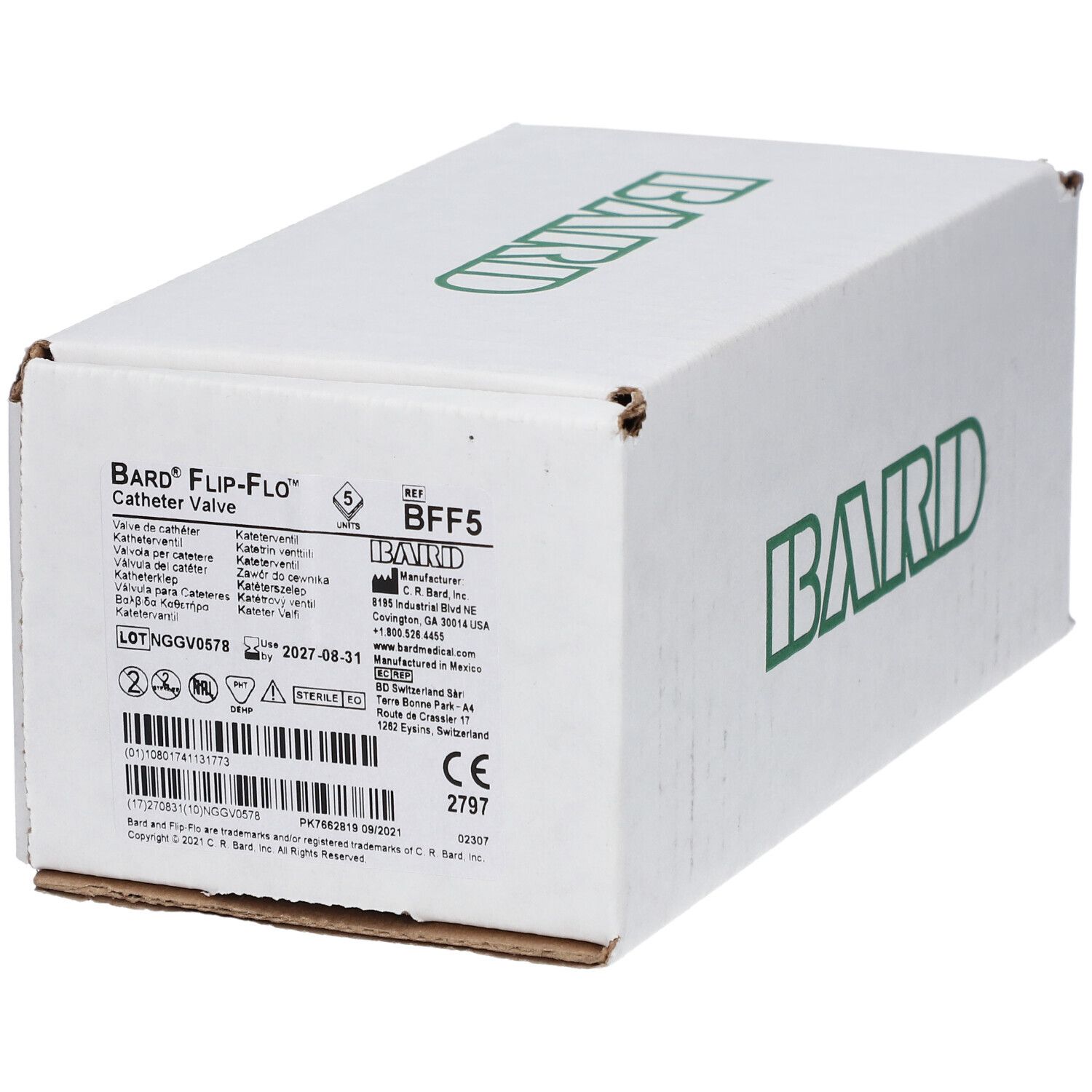 Boîte blanche avec logo "BARD" vert. Inscription "BARD Flip-Flo Catheter Valve". Informations produit et marquage CE.