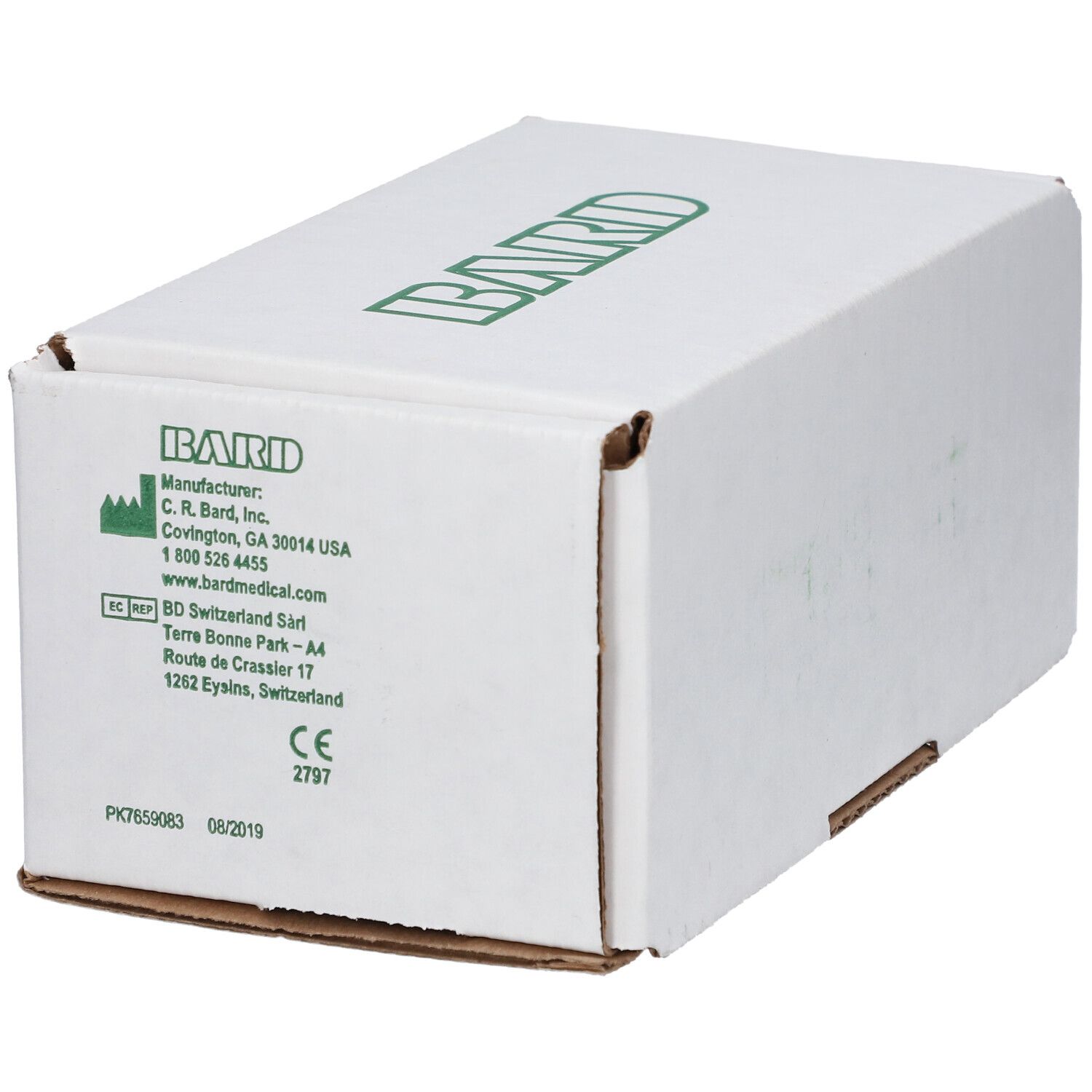 Boîte blanche avec logo "BARD" vert. Informations produit et marquage CE sur le côté.