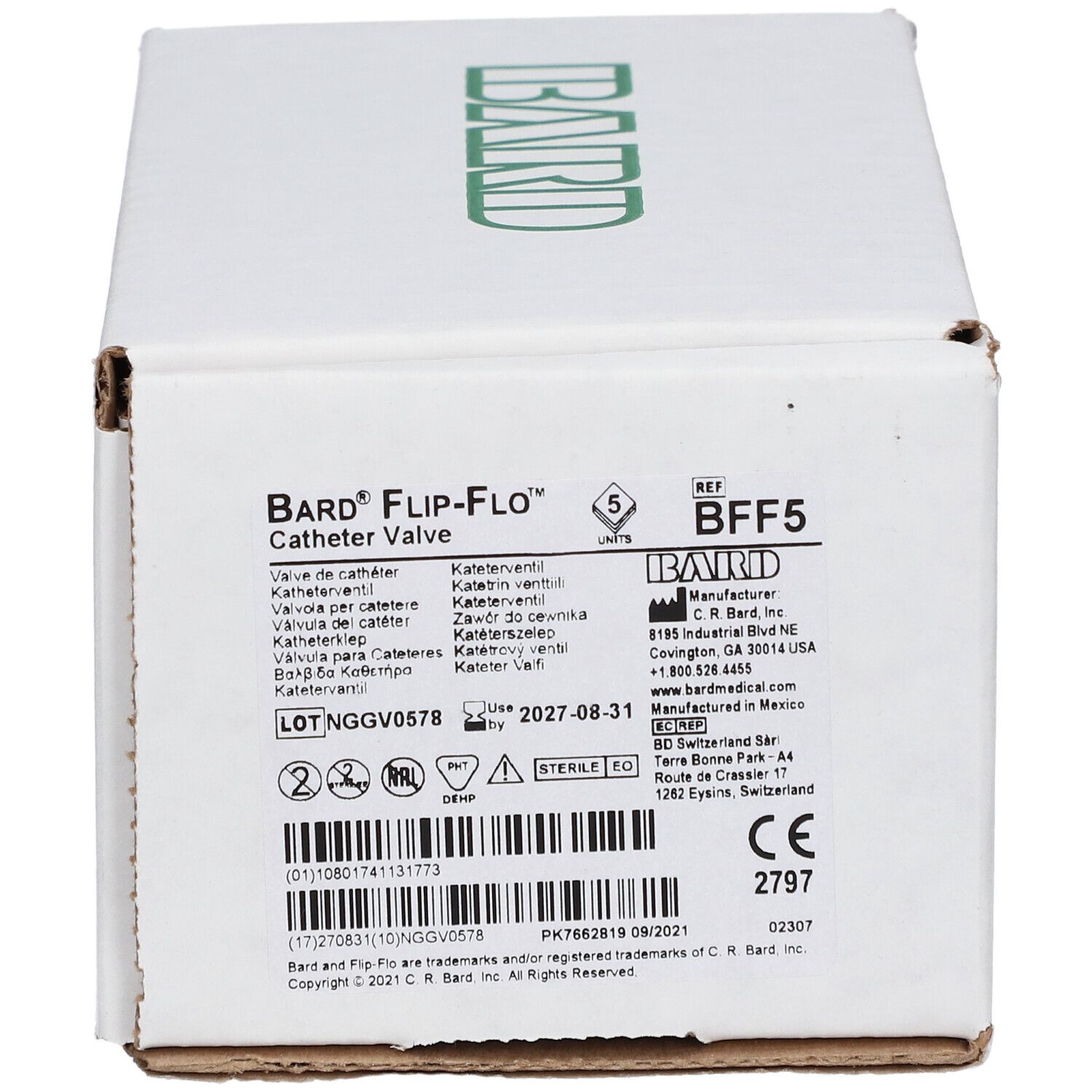 Boîte blanche avec logo "BARD" vert. Inscription "BARD Flip-Flo Catheter Valve". Informations produit et marquage CE.