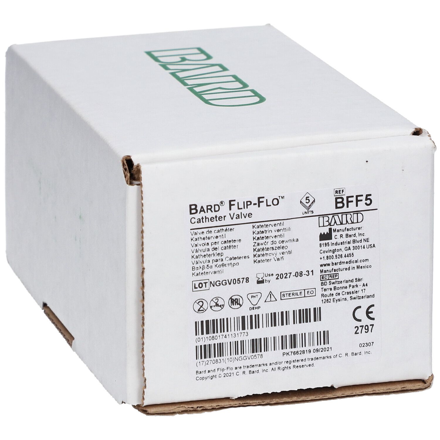 Boîte blanche avec logo "BARD" vert. Inscription "BARD Flip-Flo Catheter Valve". Informations produit et marquage CE.