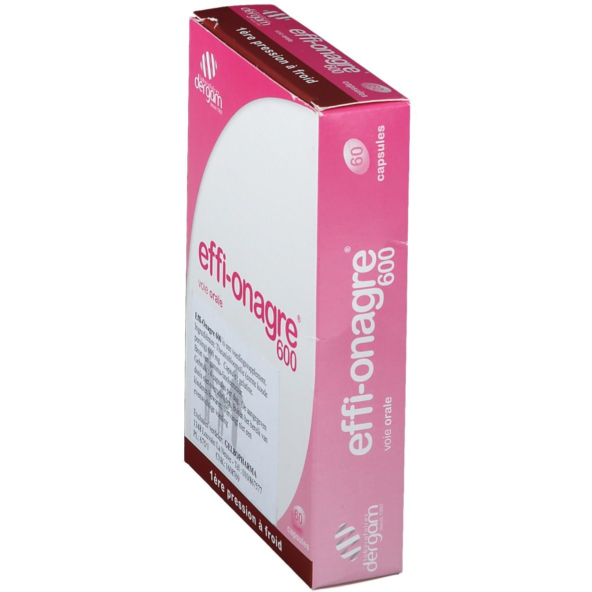 Zijaanzicht van de Effi-Onagre 600 verpakking. Roze en wit. Bevat 60 capsules. Dergam-logo.
