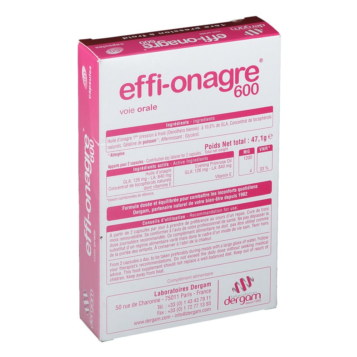 Achterkant van de Effi-Onagre 600 verpakking. Bevat informatie over ingrediënten en dosering.