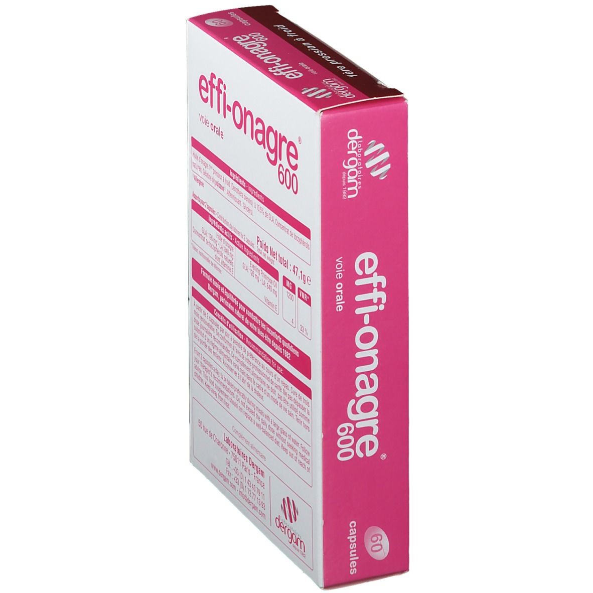 Zijaanzicht van de Effi-Onagre 600 verpakking. Roze en wit. Bevat 60 capsules. Dergam-logo.