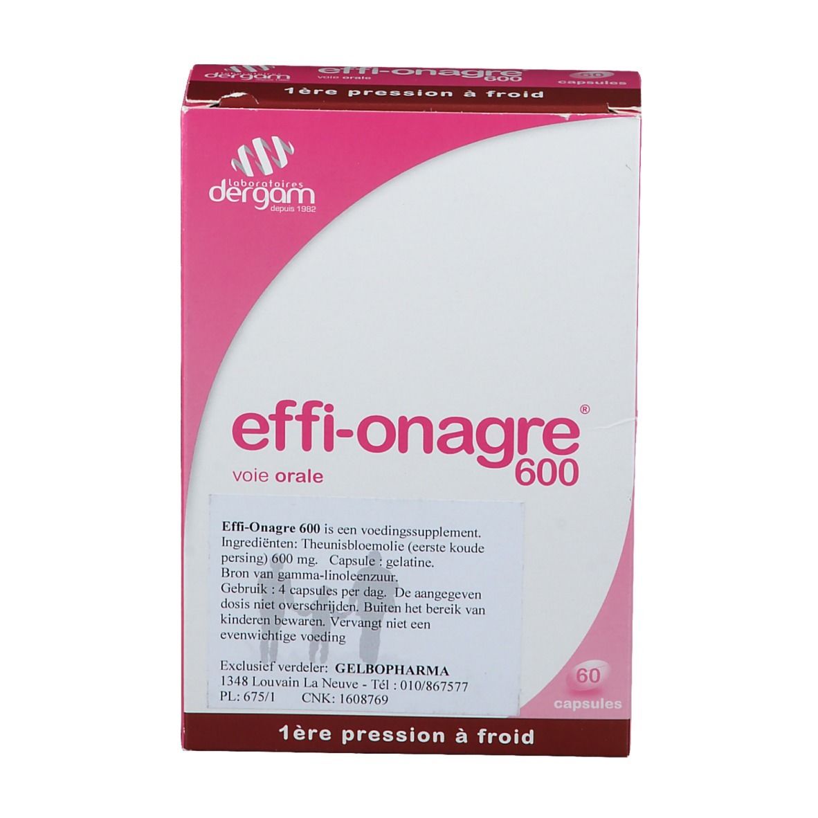 Verpakking Effi-Onagre 600, roze en wit. Bevat 60 capsules. Dergam-logo linksboven.