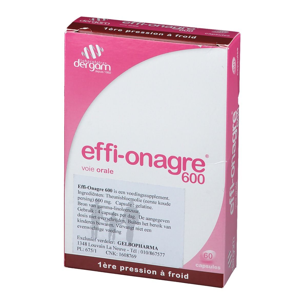 Verpakking Effi-Onagre 600, roze en wit. Bevat 60 capsules. Dergam-logo linksboven.