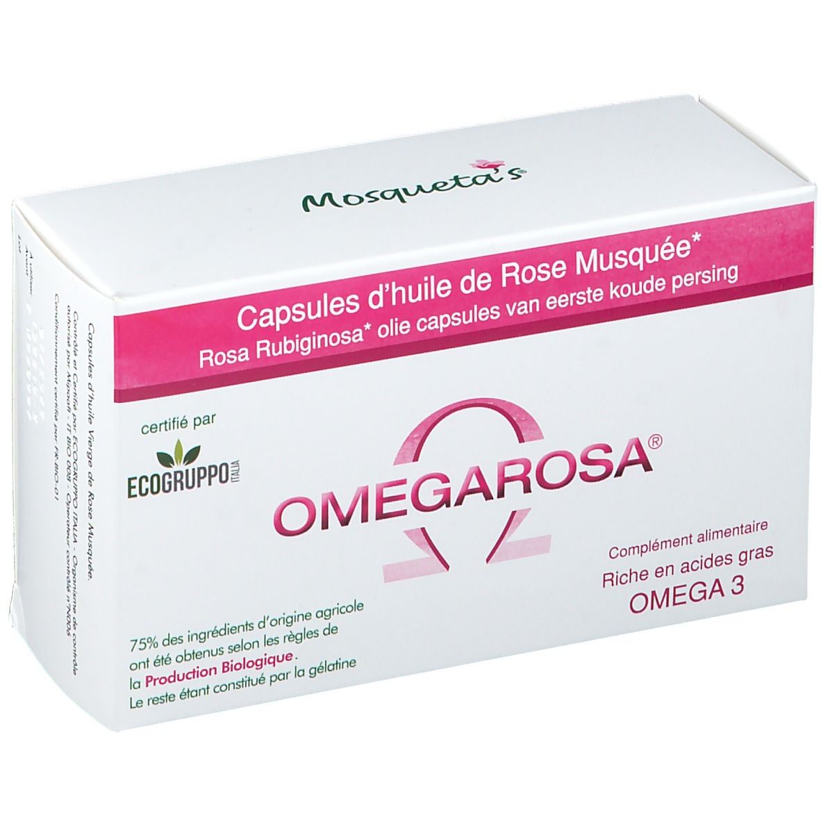Witte doos met roze accenten. OMEGAROSA capsules, Omega 3. Gecertificeerd door Ecogruppo.