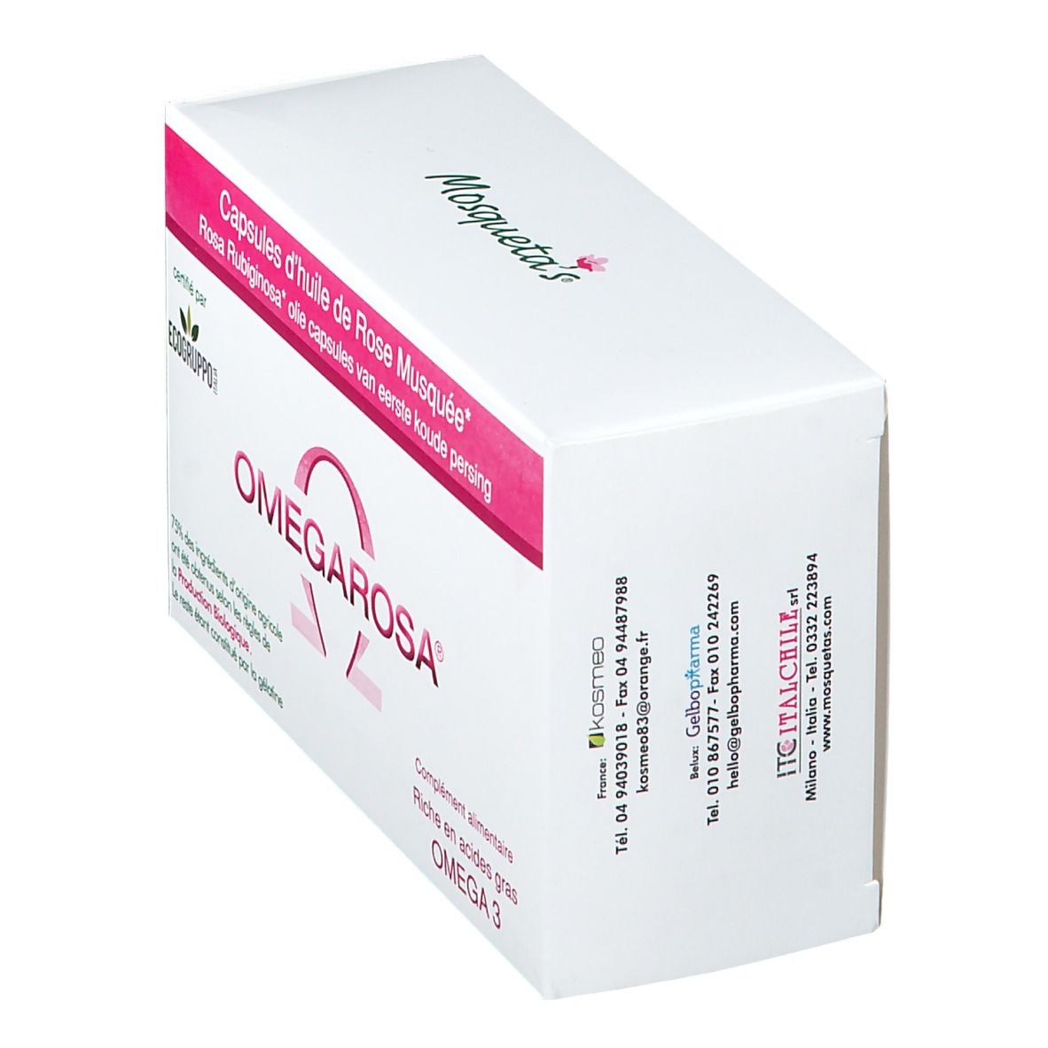 OMEGAROSA doos schuin. Roze accenten, Omega 3. Gecertificeerd Ecogruppo. Contactgegevens.