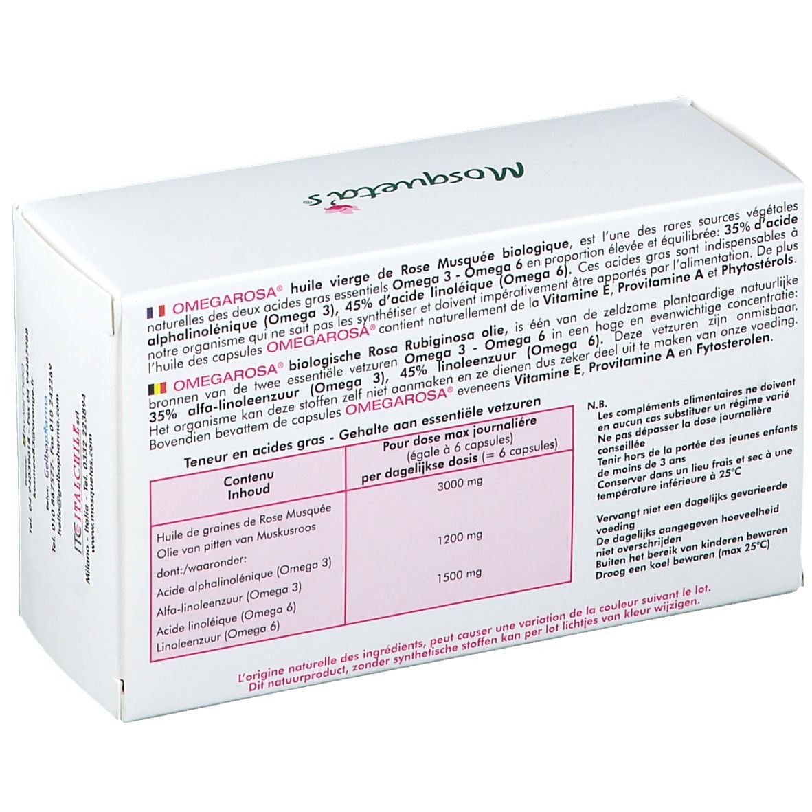 Achterkant OMEGAROSA doos. Ingrediënten, voedingswaarde. Meertalige tekst.