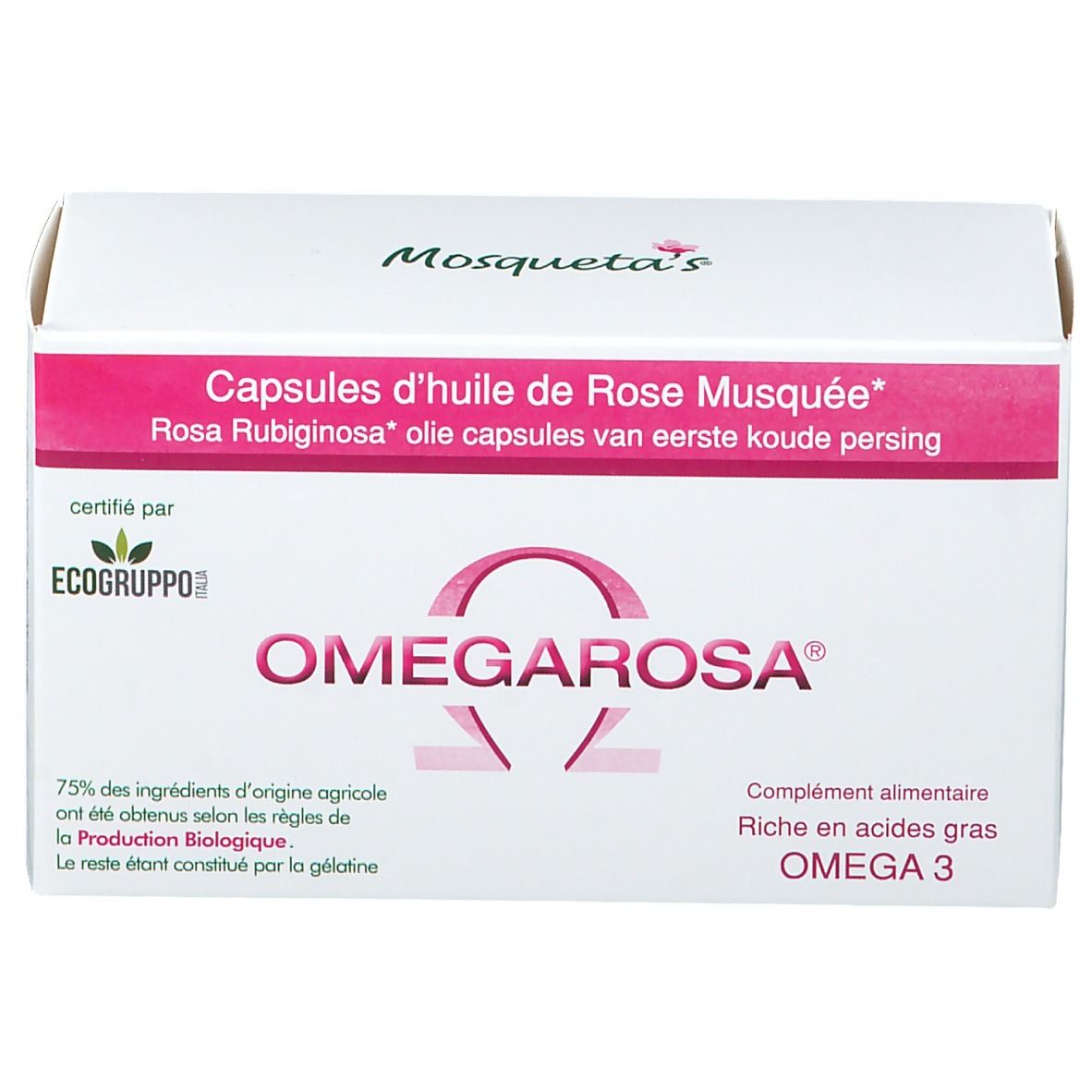 Witte doos met roze accenten. OMEGAROSA capsules, Omega 3. Gecertificeerd door Ecogruppo.