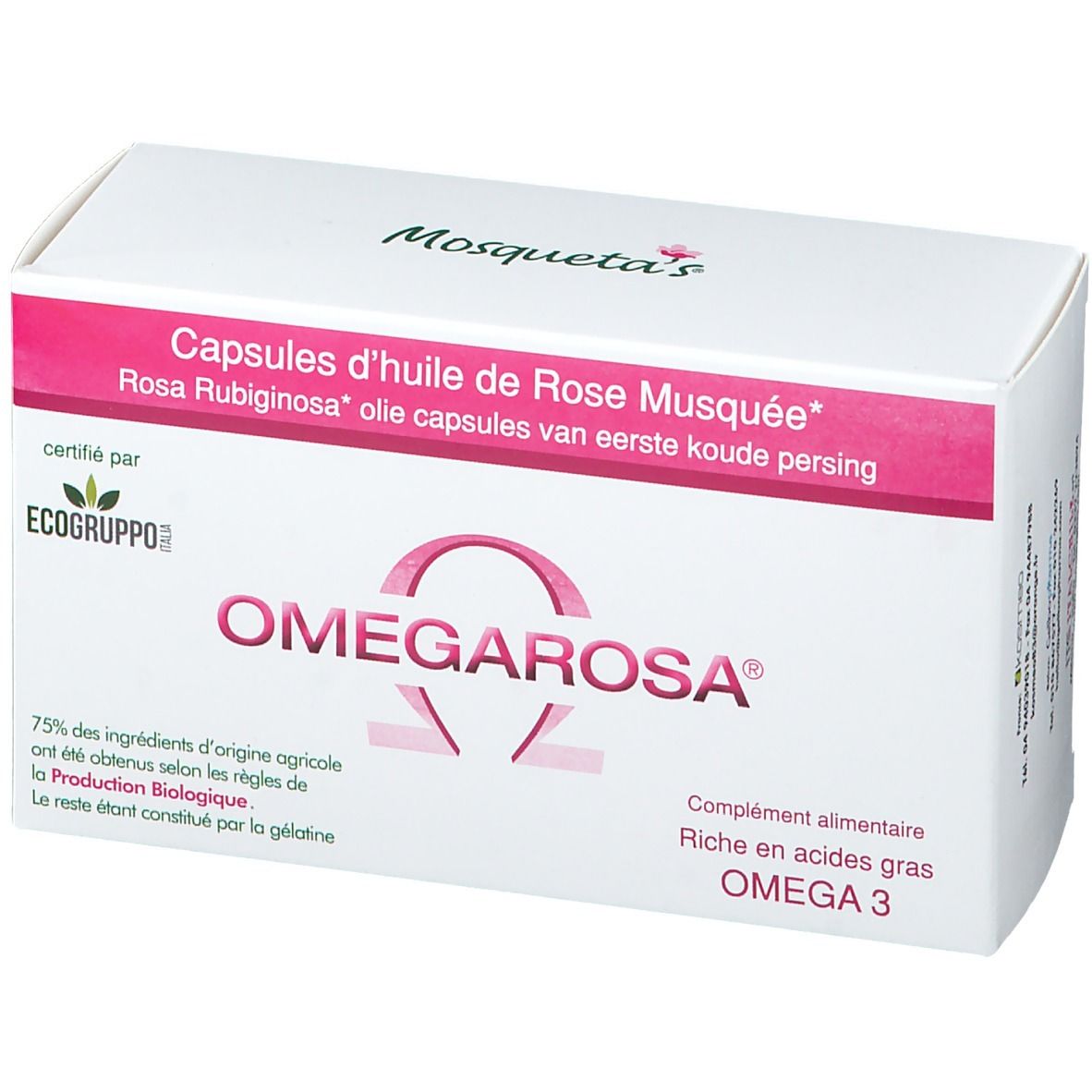 Witte doos met roze accenten. OMEGAROSA capsules, Omega 3. Gecertificeerd door Ecogruppo.