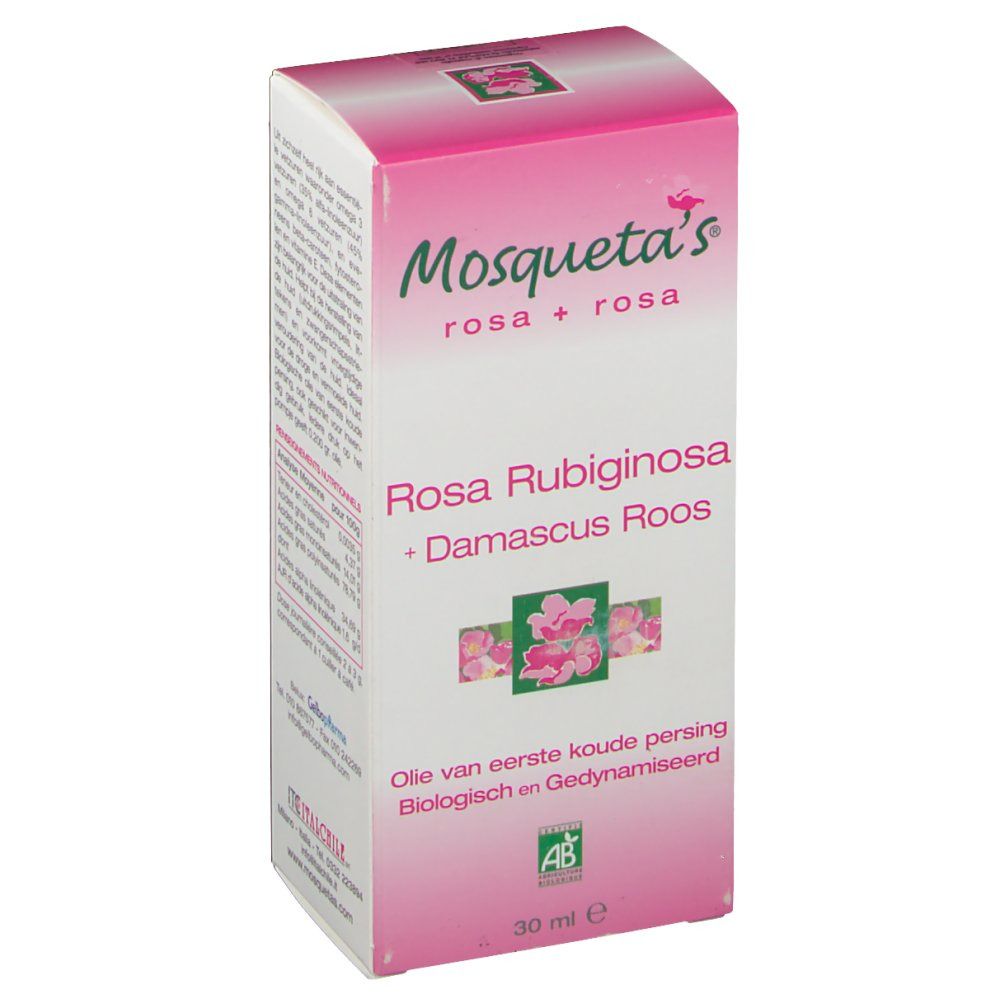 Boîte Mosqueta's rosa + rosa, Rosa Rubiginosa + Damaskus Roos. Emballage rose et blanc avec certification AB. Texte en plusieurs langues.