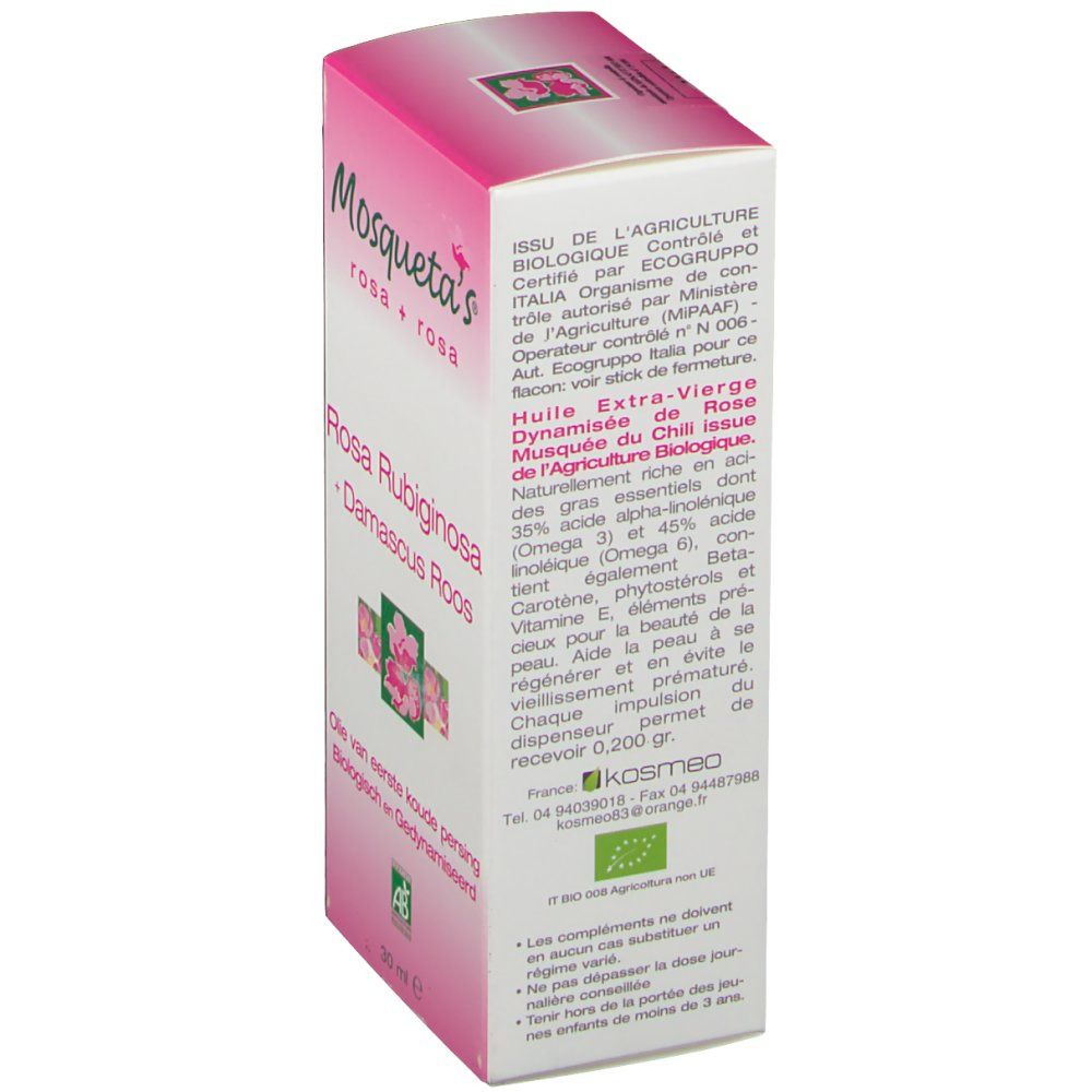 Dos de la boîte Mosqueta's rosa + rosa. Texte multilingue. Certification AB. Informations sur les ingrédients et la fabrication.