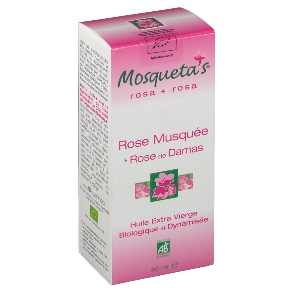Boîte Mosqueta's rosa + rosa, Rose Musquée + Rose de Damas. Emballage rose et blanc avec certification AB. Texte multilingue.