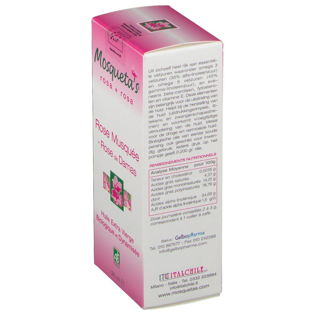 Dos de la boîte Mosqueta's rosa + rosa. Texte multilingue. Certification AB. Informations nutritionnelles et ingrédients.