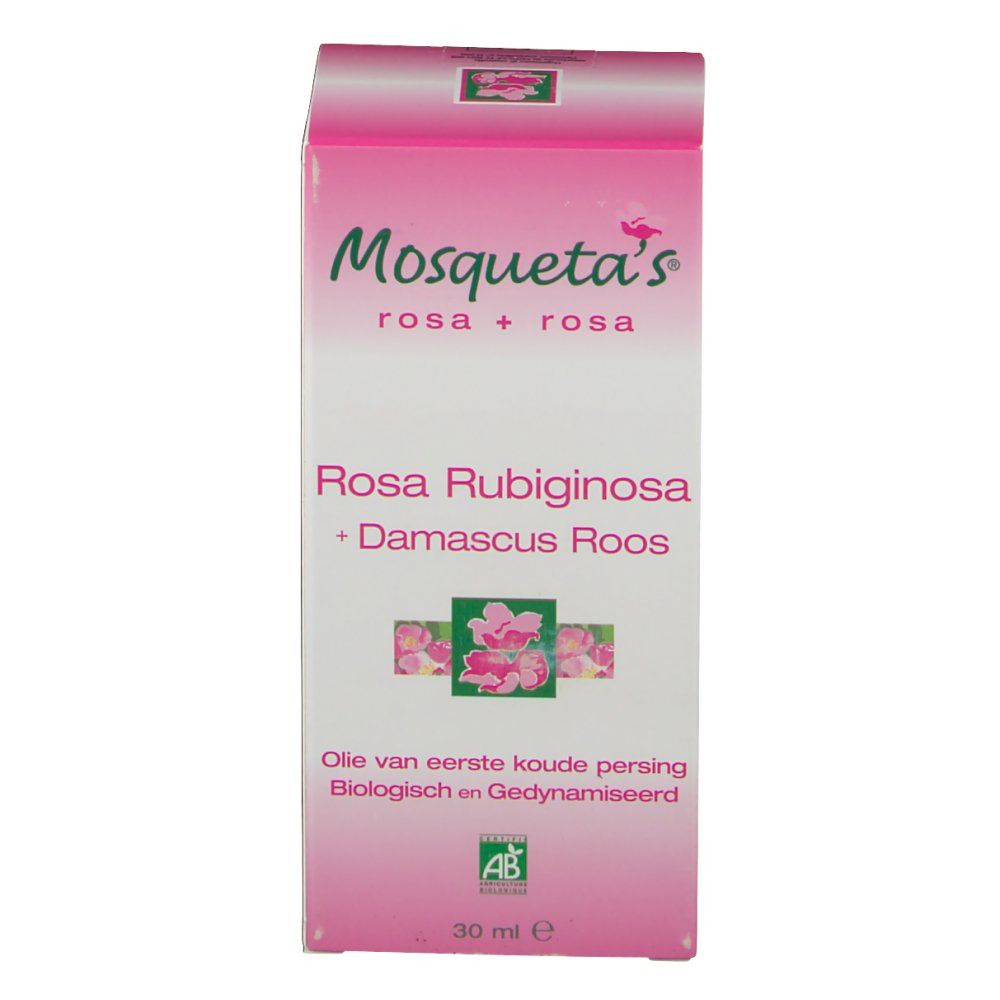 Boîte Mosqueta's rosa + rosa, Rosa Rubiginosa + Damaskus Roos. Emballage rose et blanc avec certification AB. Texte multilingue.