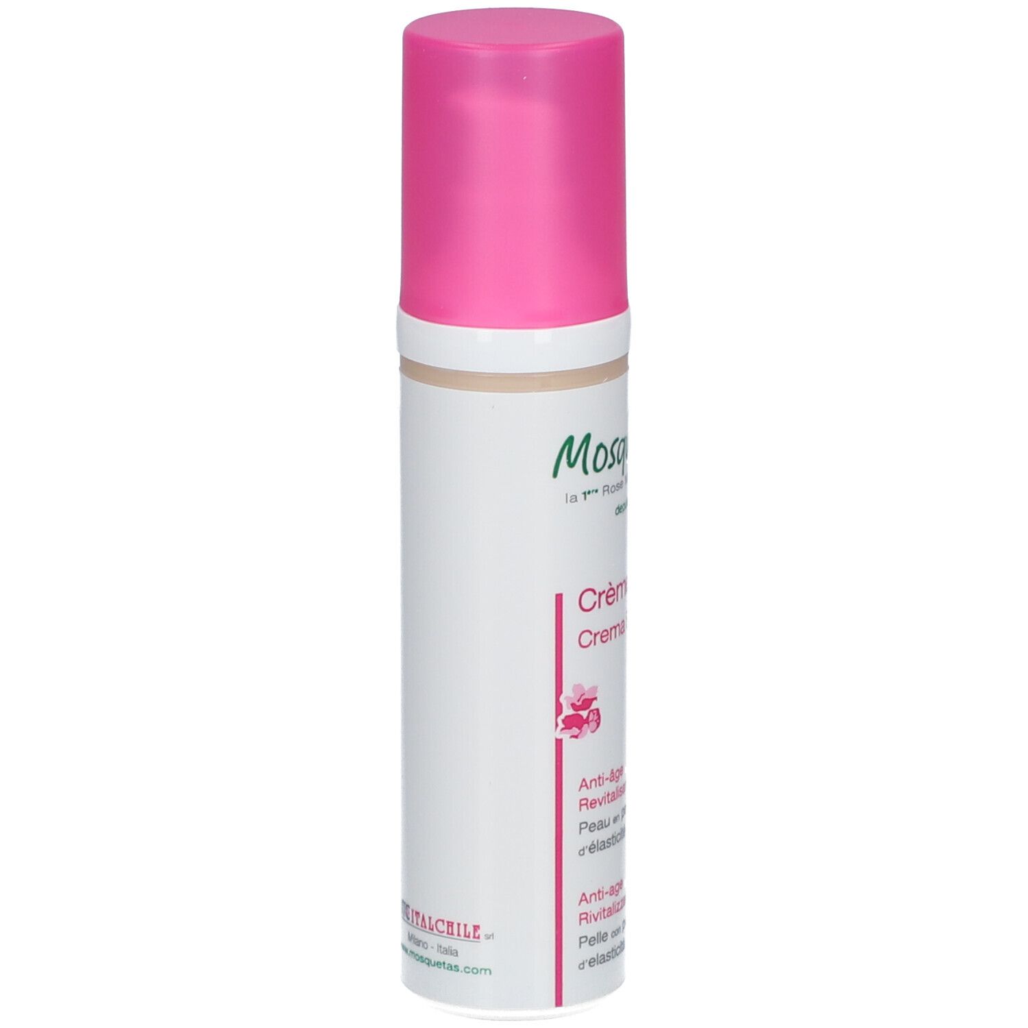 Tube de crème avec bouchon rose. Inscription: Mosqueta's, Crème Tonus, Anti-âge. Label Bio.
