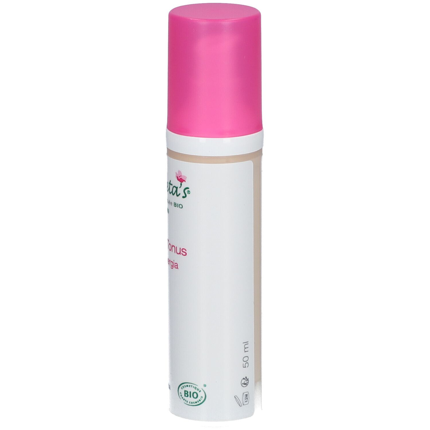 Tube de crème avec bouchon rose. Inscription: Mosqueta's, Crème Tonus, Anti-âge. Label Bio. 50 ml.