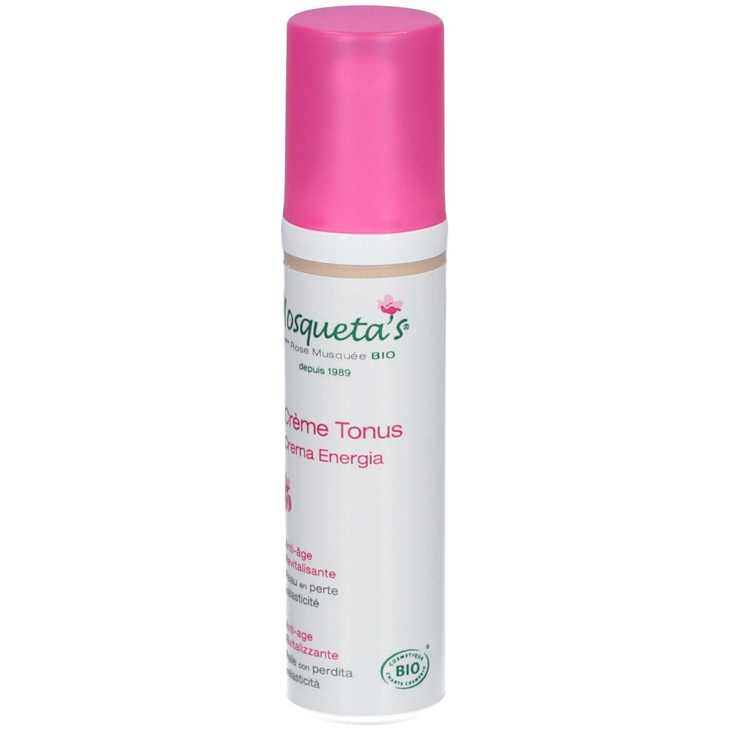 Tube de crème avec bouchon rose. Inscription: Mosqueta's, Crème Tonus, Anti-âge. Label Bio.