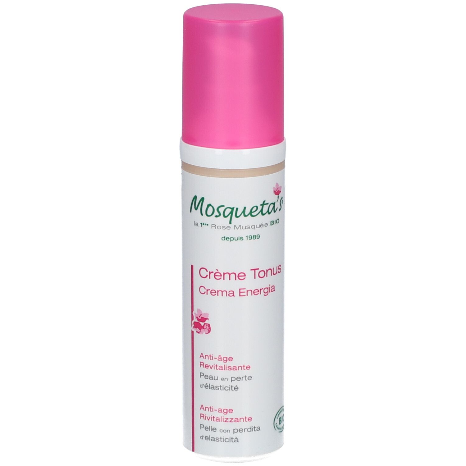 Tube de crème avec bouchon rose. Inscription: Mosqueta's, Crème Tonus, Anti-âge. Label Bio.