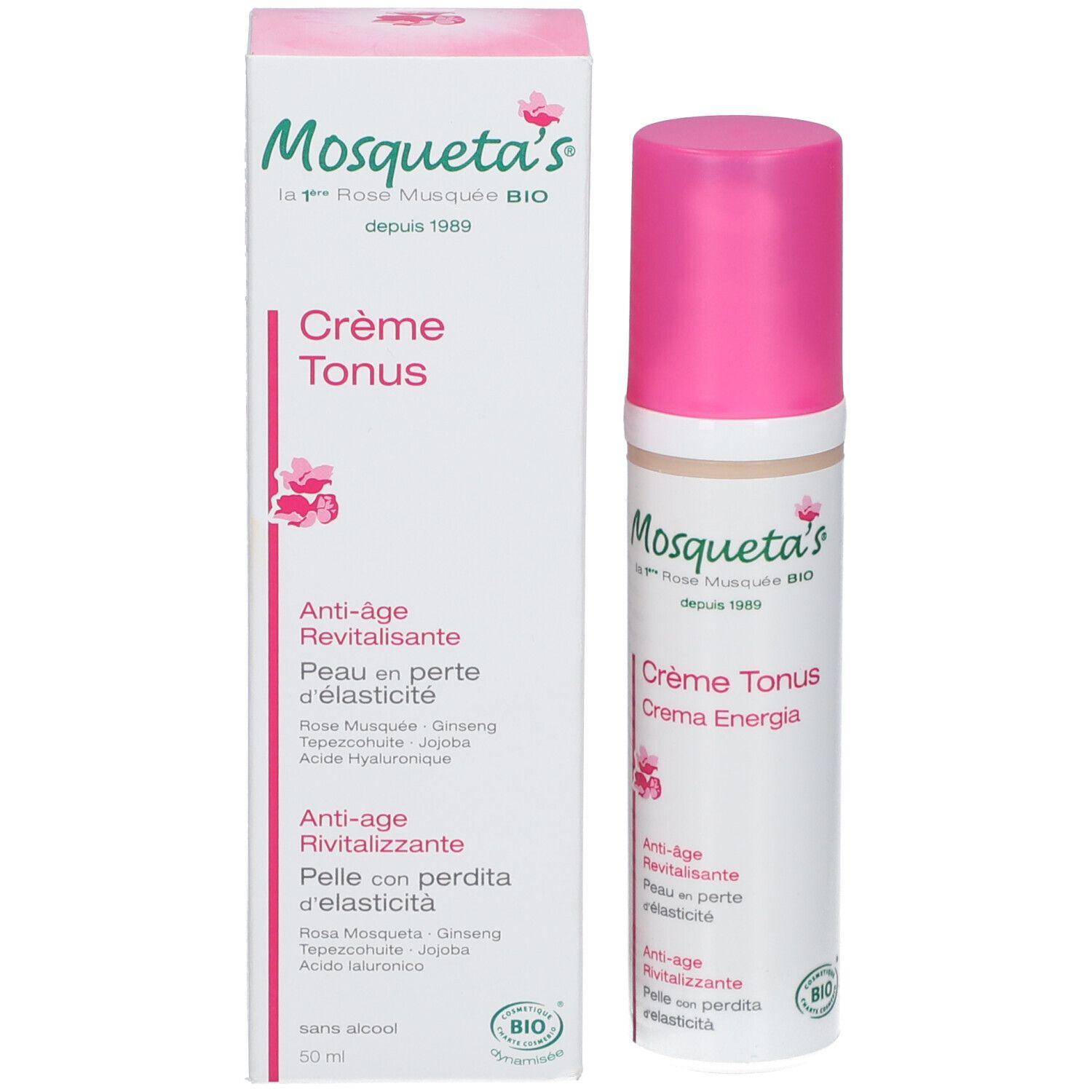 Tube de crème et boîte. Inscription: Mosqueta's, Crème Tonus, Anti-âge. Label Bio. 50 ml.
