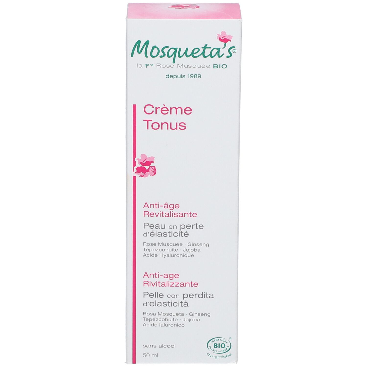 Boîte avec inscription: Mosqueta's, Crème Tonus, Anti-âge. Label Bio. 50 ml.