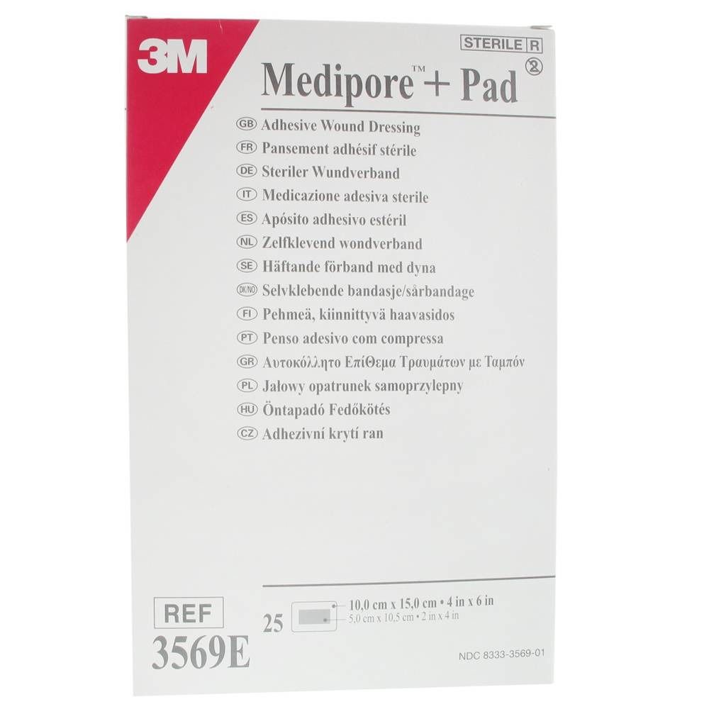 Verpakking van 3M Medipore + Pad. Opschrift: Zelfklevend wondverband. Afmetingen: 10,0 cm x 15,0 cm. Bevat 25 stuks.