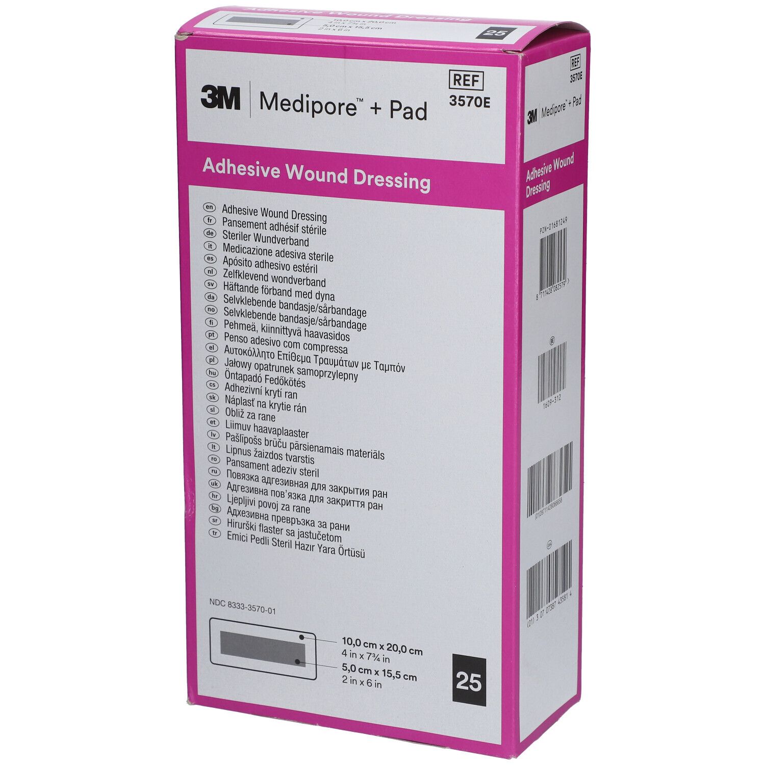Emballage 3M Medipore + Pad. Rose et blanc. Contient 25 pansements stériles. Dimensions : 10,0 x 20,0 cm.