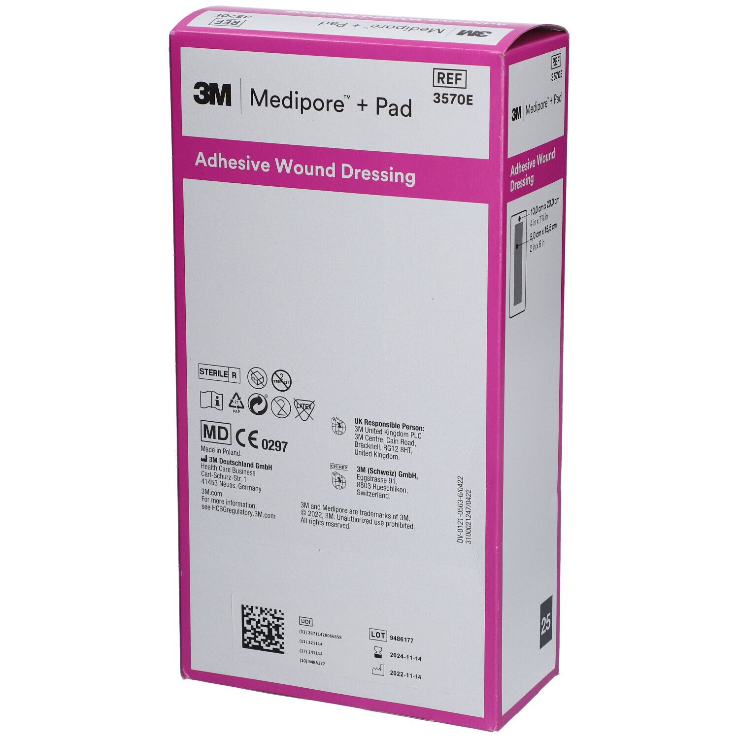 Dos de l'emballage 3M Medipore + Pad. Rose et blanc. Contient 25 pansements stériles. Avec marquage CE.