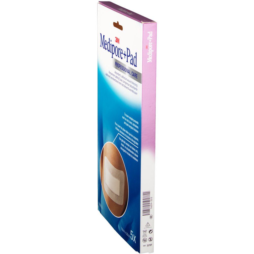Verpakking van 3M Medipore+Pad. Witblauwe doos met productnaam en logo. 5 stuks. Een pleister is afgebeeld op een huid.