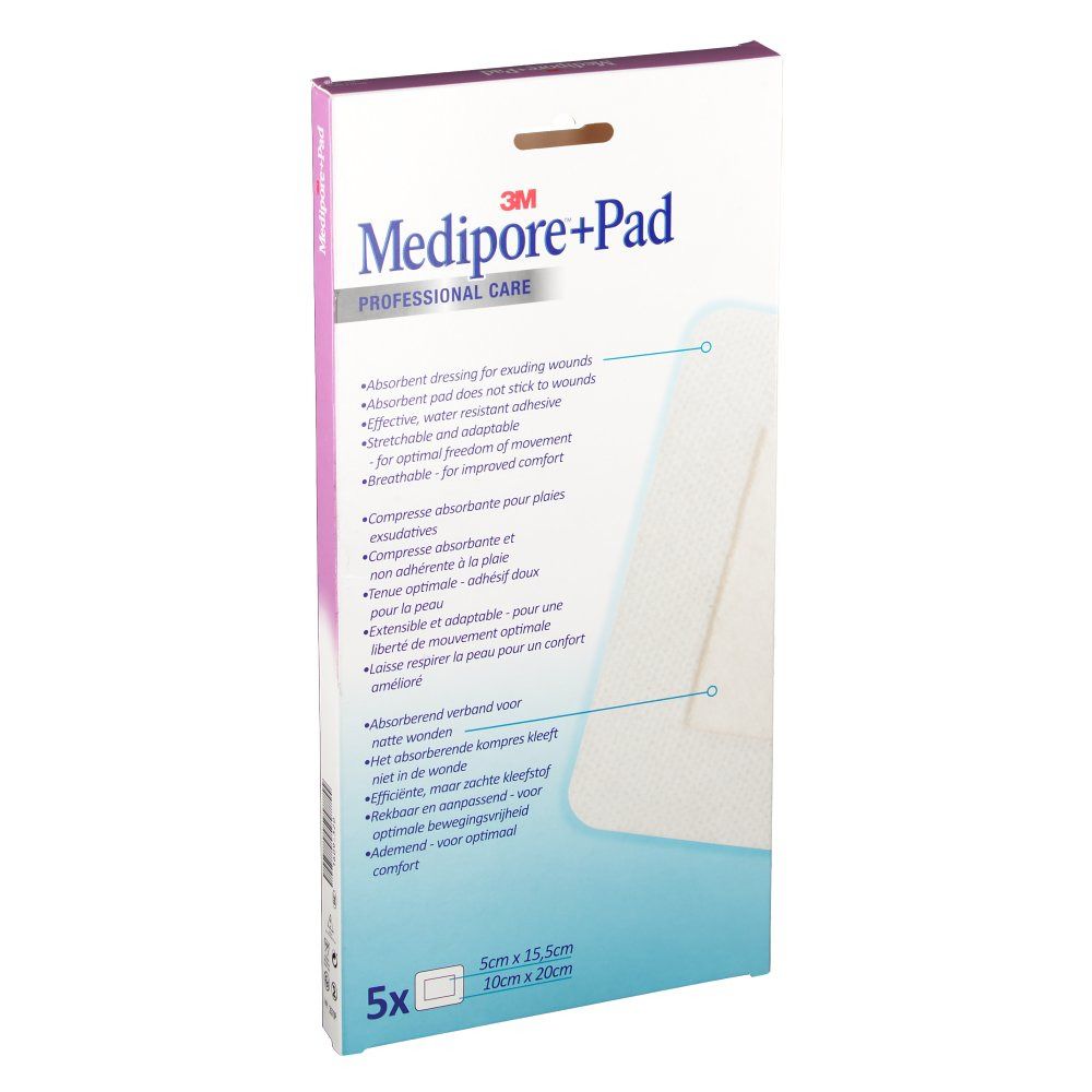 3M Medipore+Pad verpakking. Witte doos met productnaam en logo. 5 stuks. Gedrukte productkenmerken. Afmeting: 10cm x 20cm.