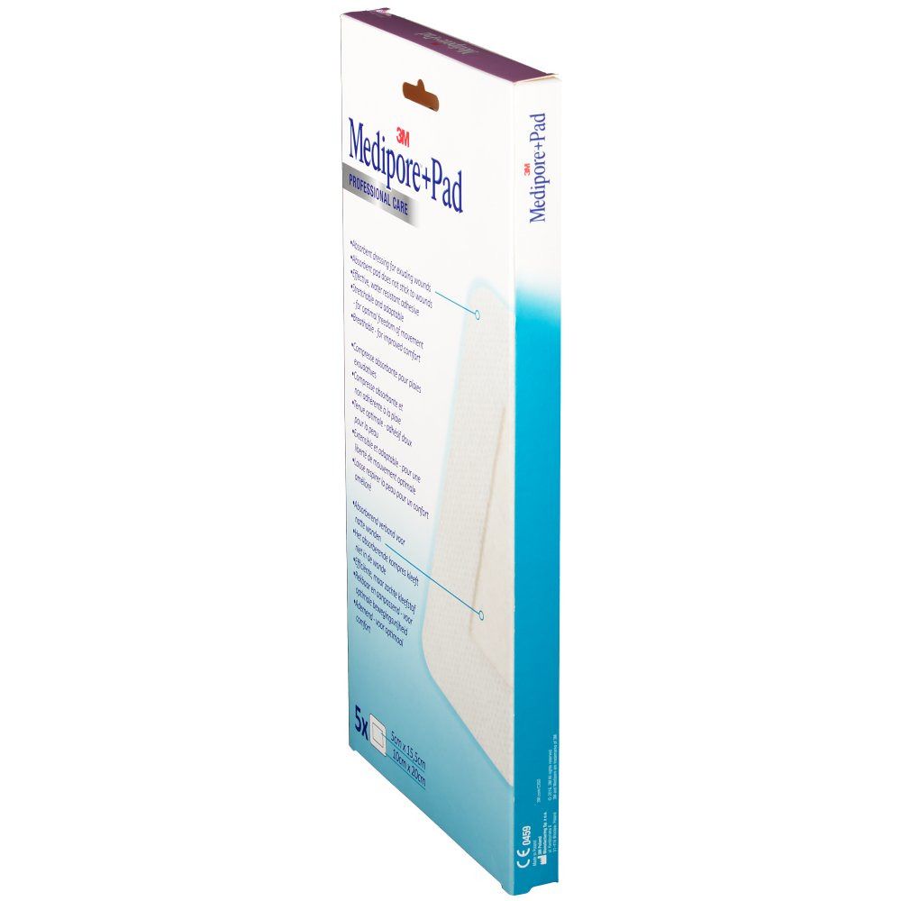 3M Medipore+Pad verpakking. Witte doos met productnaam en logo. 5 stuks. Gedrukte productkenmerken. Afmeting: 10cm x 20cm.