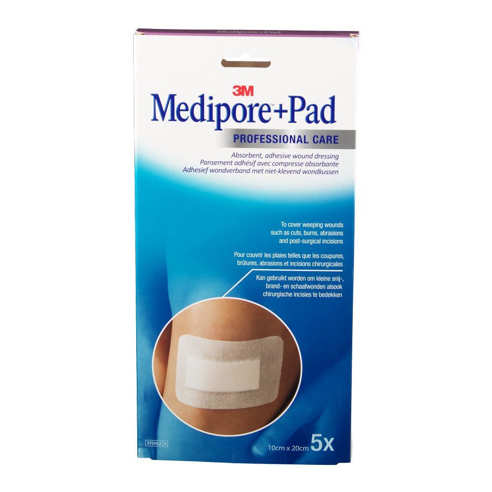 3M Medipore+Pad verpakking. Witte doos met productnaam en logo. 5 stuks. Een pleister is afgebeeld op een huid. Afmeting: 10cm x 20cm.