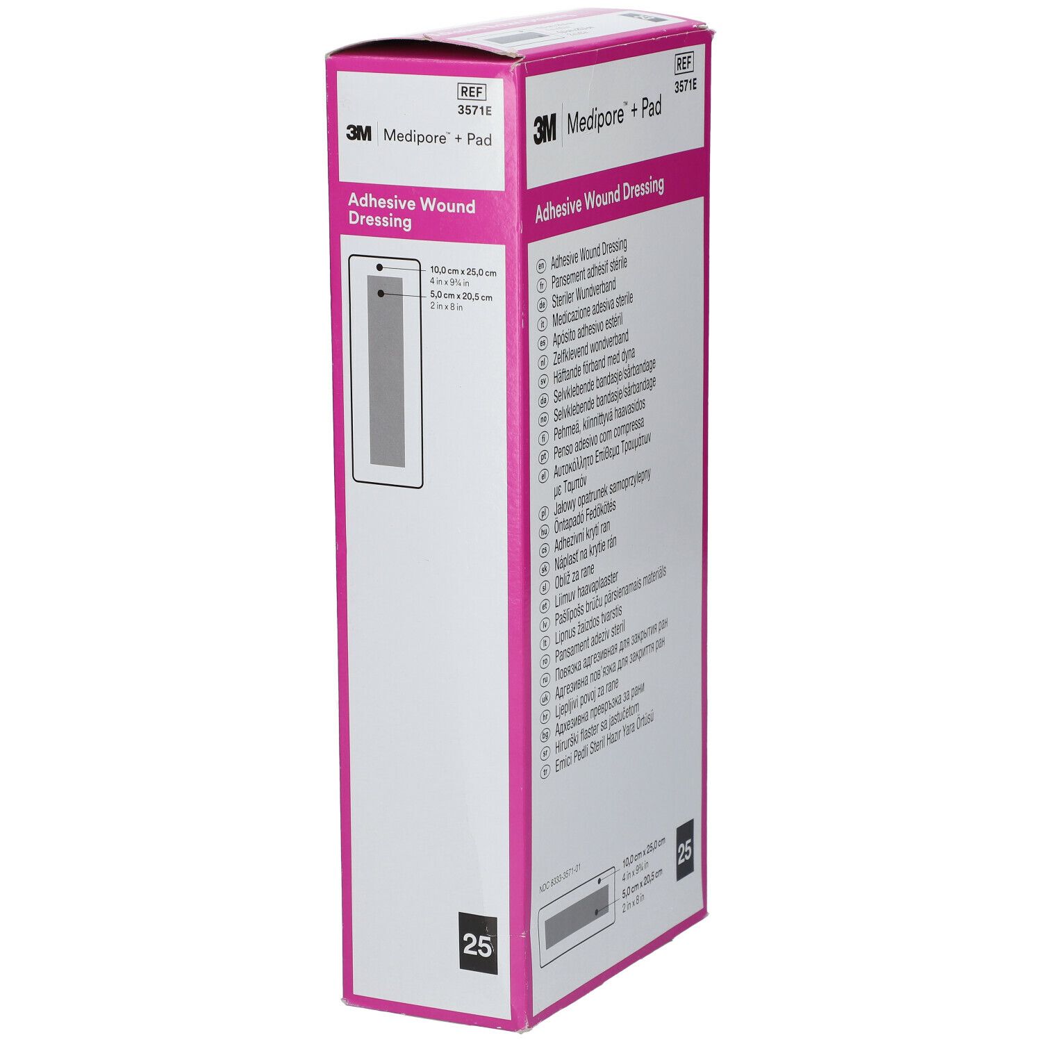 Vue latérale de la boîte 3M Medipore + Pad. Boîte rose et blanche avec nom du produit et représentation du pansement.