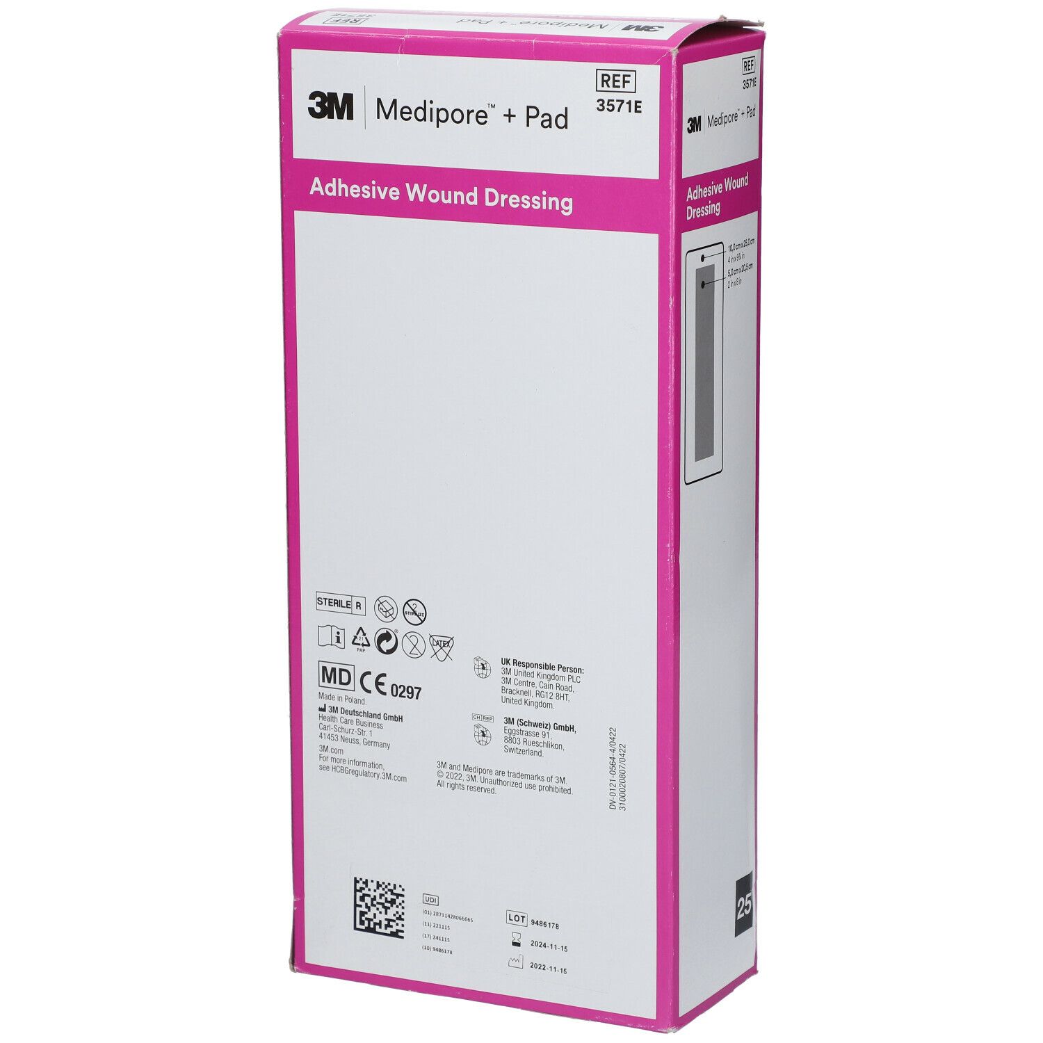 Vue latérale de la boîte 3M Medipore + Pad. Boîte rose et blanche avec nom du produit, logo et symboles médicaux.