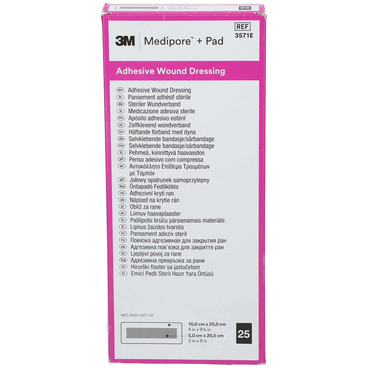 Boîte 3M Medipore + Pad. Rose et blanche, avec nom du produit et dimensions : 10,0 cm x 25,0 cm. Contient 25 unités.