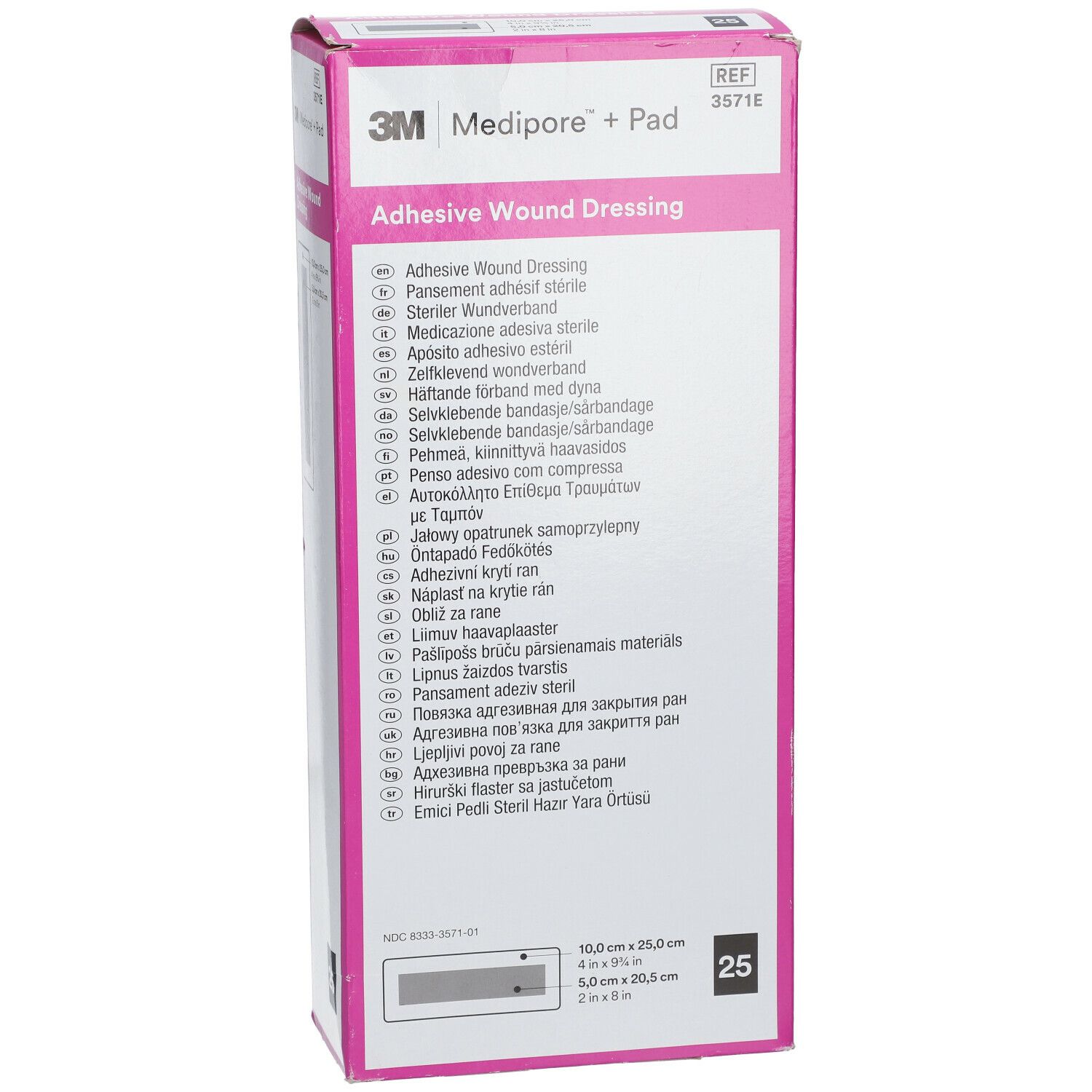Boîte 3M Medipore + Pad. Rose et blanche, avec nom du produit et dimensions : 10,0 cm x 25,0 cm. Contient 25 unités.