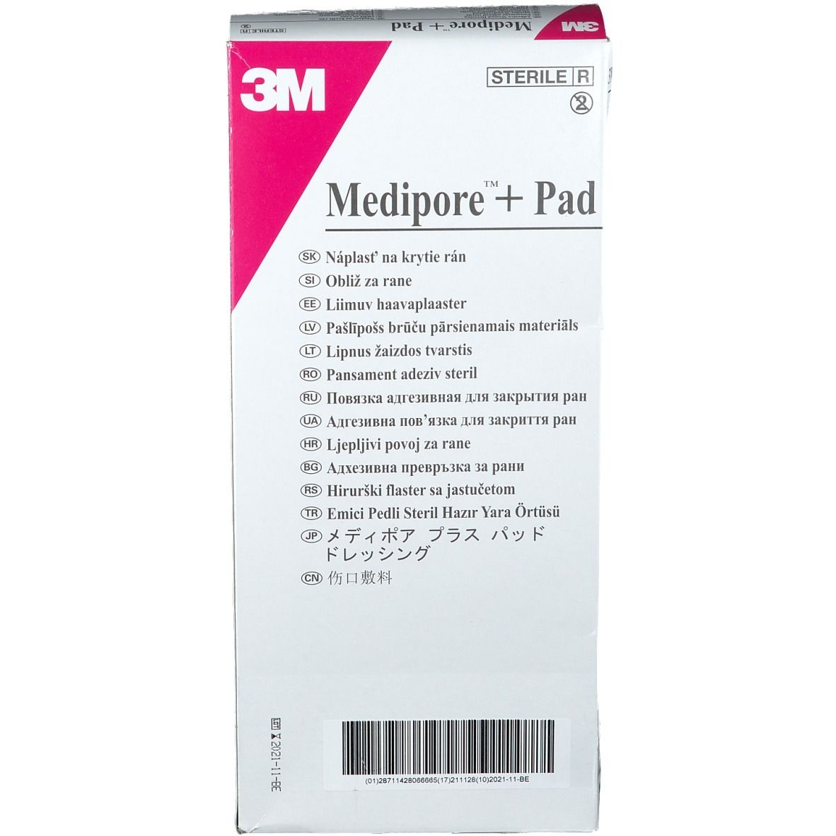 Détail de la boîte 3M Medipore + Pad. Boîte rose et blanche avec nom du produit et liste des langues.
