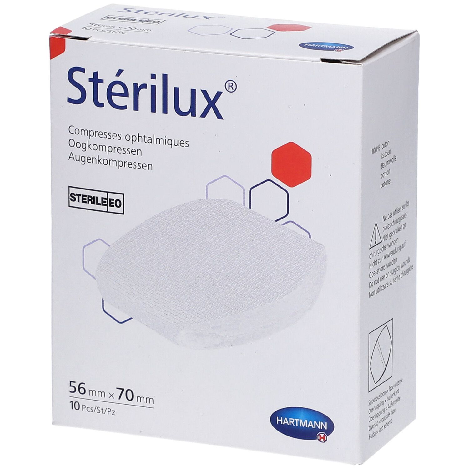 Verpakking Stérilux oogkompressen. 56 mm x 70 mm. 10 stuks. Steriel EO. Hartmann logo.