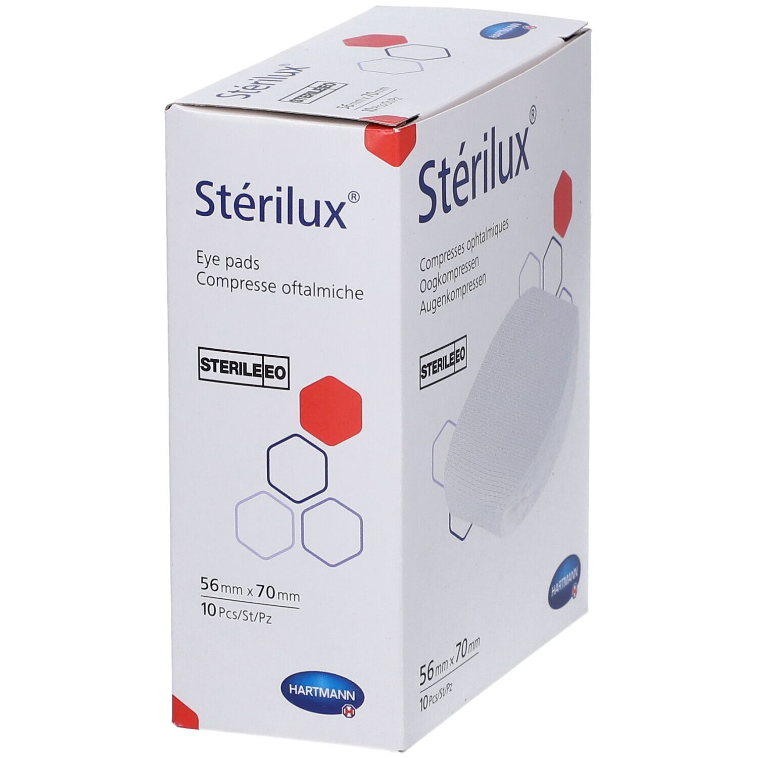 Verpakking Stérilux oogkompressen. 56 mm x 70 mm. 10 stuks. Steriel EO. Hartmann logo.