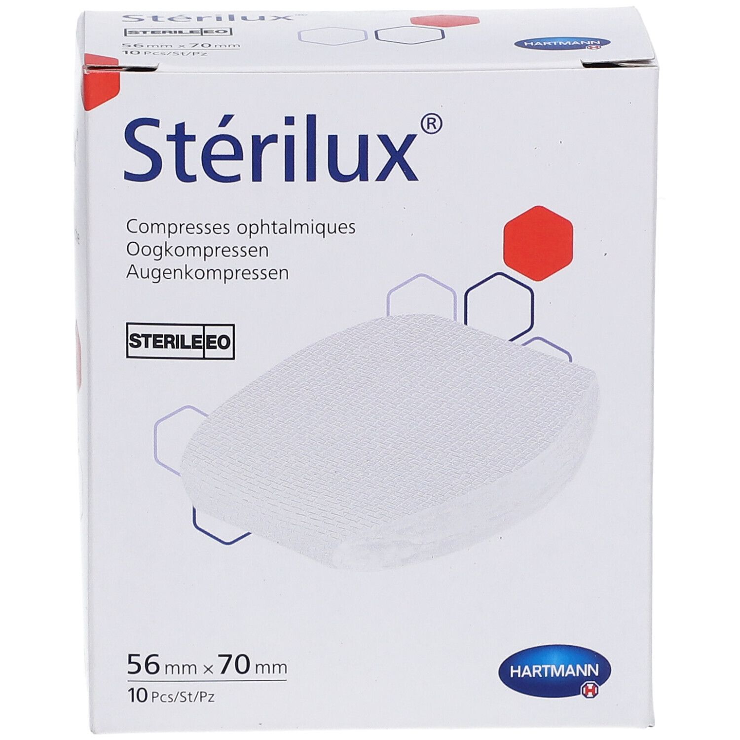 Verpakking Stérilux oogkompressen. 56 mm x 70 mm. 10 stuks. Steriel EO. Hartmann logo.