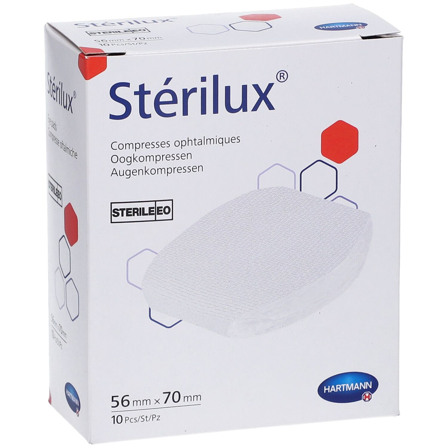 Verpakking Stérilux oogkompressen. 56 mm x 70 mm. 10 stuks. Steriel EO. Hartmann logo.