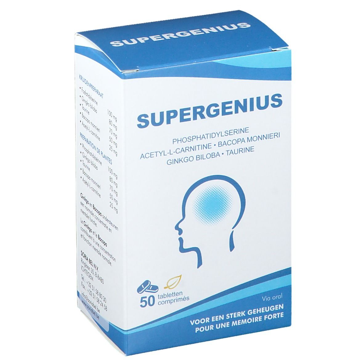 Boîte de comprimés "SUPERGENIUS". Emballage bleu et blanc. Contient 50 comprimés. Ingrédients et logo imprimés.