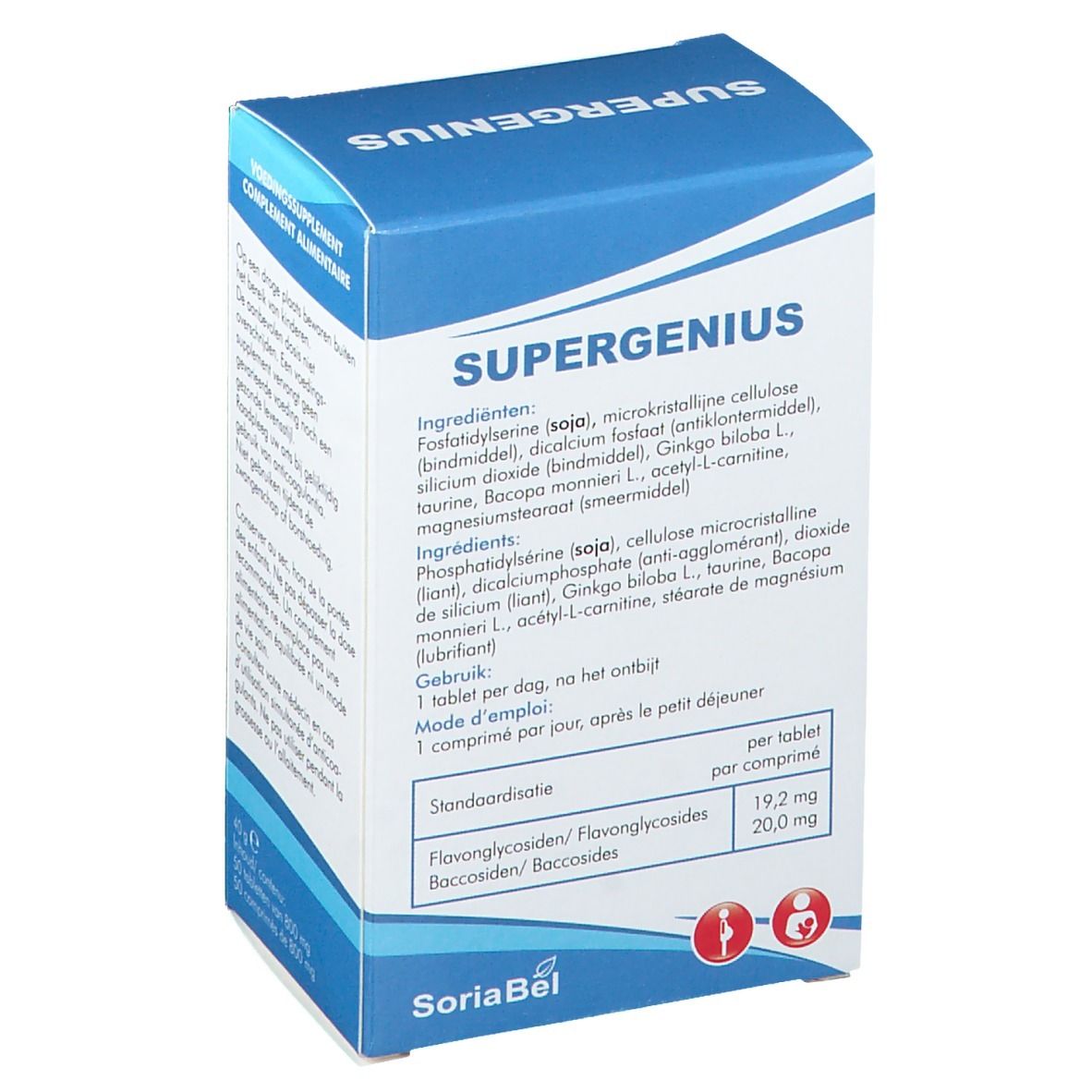 Dos de la boîte de comprimés "SUPERGENIUS". Emballage bleu et blanc. Liste des ingrédients et posologie.