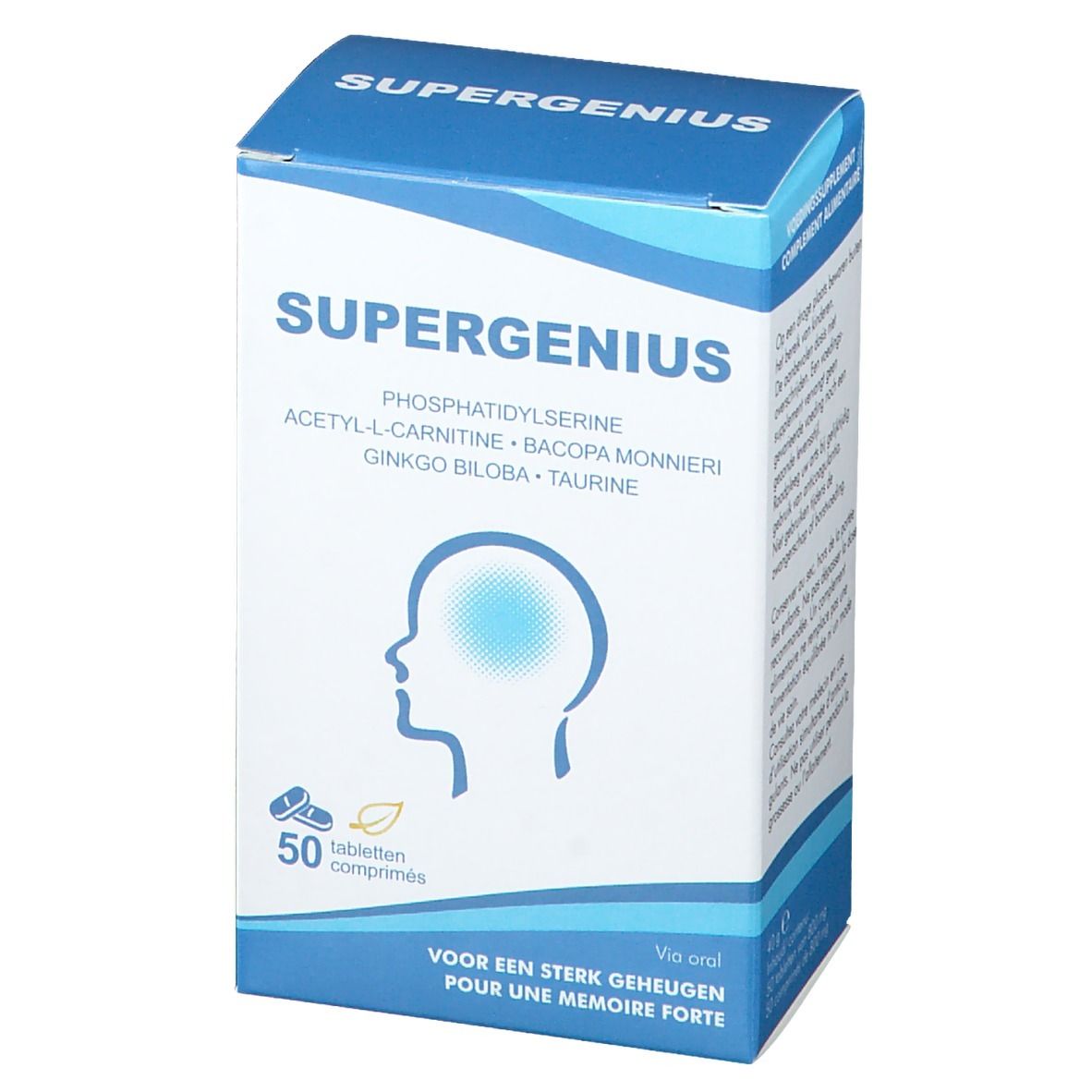 Vue de face de la boîte de comprimés "SUPERGENIUS". Emballage bleu et blanc. Contient 50 comprimés. Logo et nom du produit.