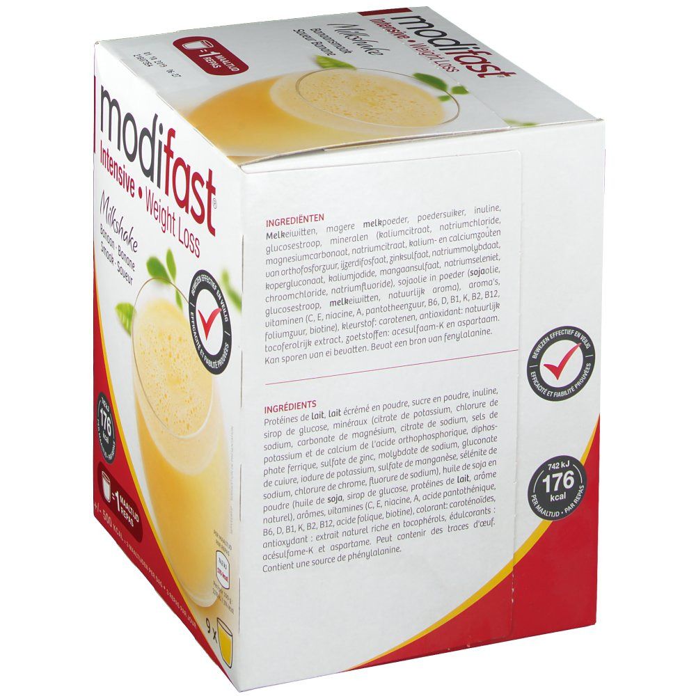 Verpakking Modifast Intensive Milkshake Banane. Ingrediëntenlijst en voedingswaarde. Rood logo met witte tekst. Gele drank in glas.